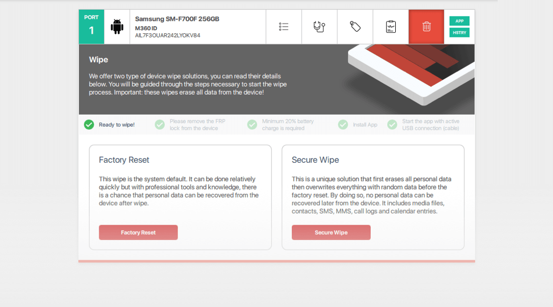 Cancellazione rapida del dispositivo in pochi secondi o cancellazione sicura e completa