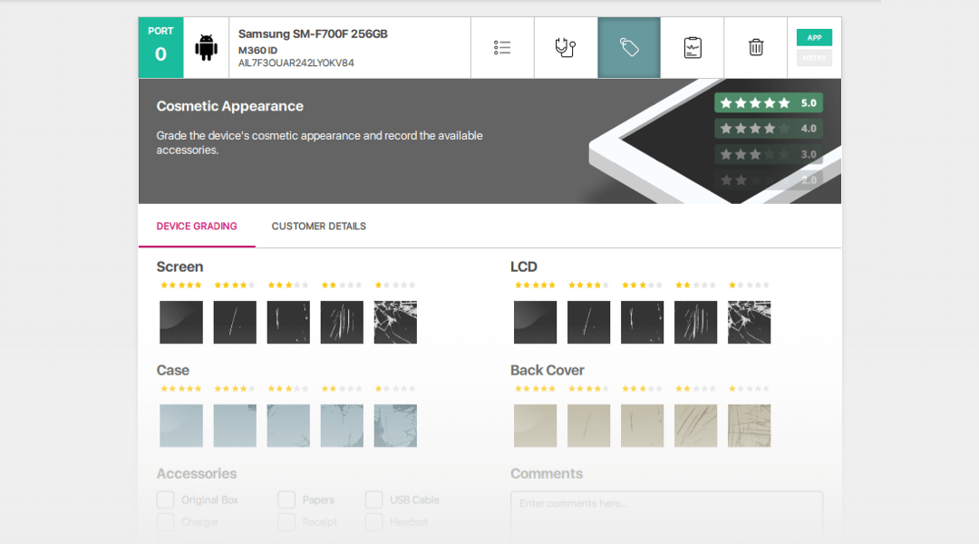 Classificação do dispositivo, registar acessórios e salvar dados do cliente